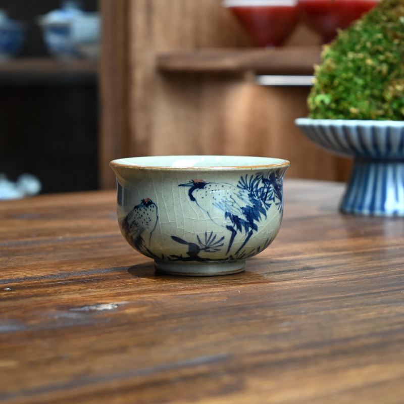 景德镇陶瓷仿古老陶泥开片手工手绘仙鹤如士杯大容量茶杯泡茶礼盒