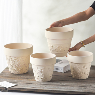 米白色陶瓷花盆陶土简约浮雕粗陶瓦盆家用朱顶红绿萝玫瑰花带托盘