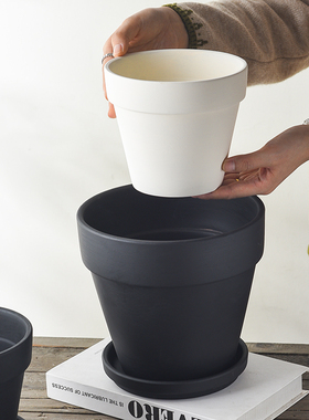 米白色简约大号黑色陶盆大口径陶土盆绣球花盆绿植套盆大花盆落地