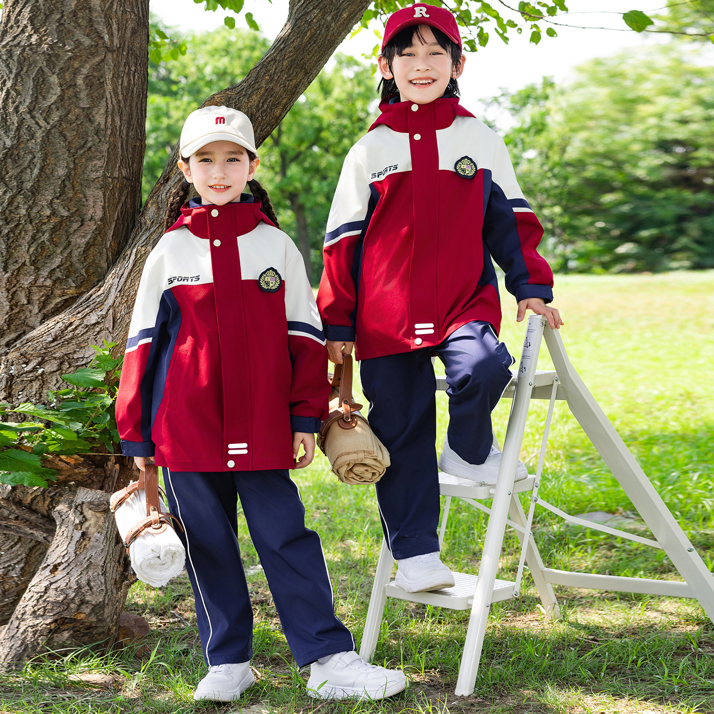 中小学生校服冲锋衣三件套儿童班服春秋夏装运动幼儿园园服红白蓝