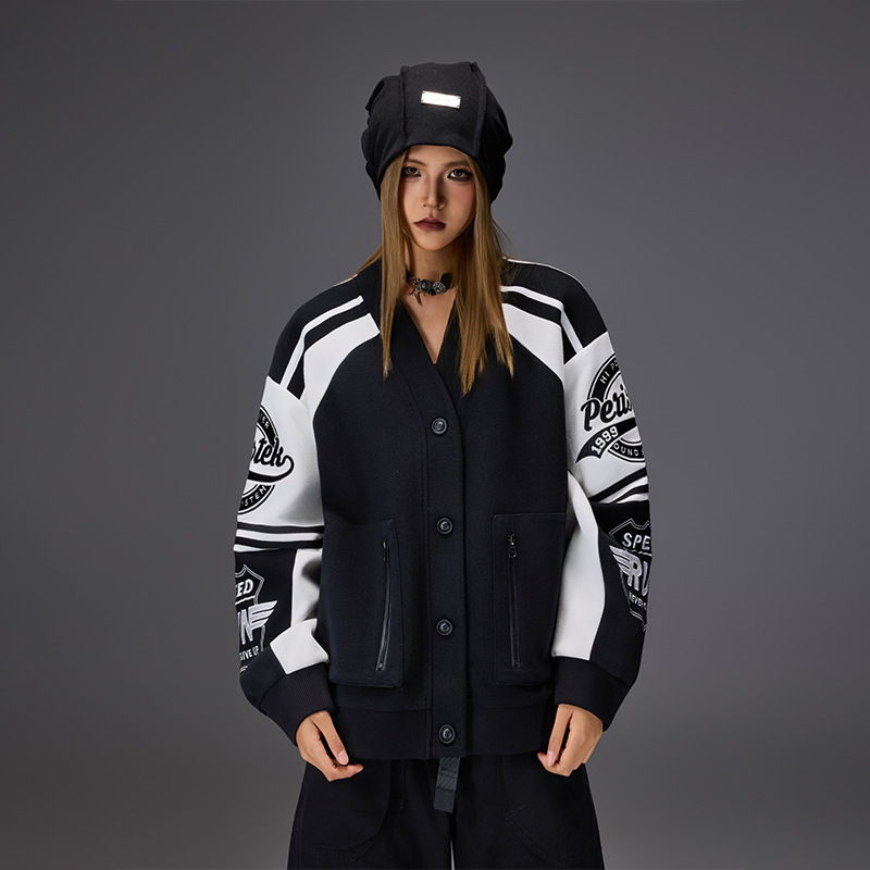 拓谷美式潮牌撞色棒球服女情侣秋冬新款徽章刺绣宽松运动服外套女