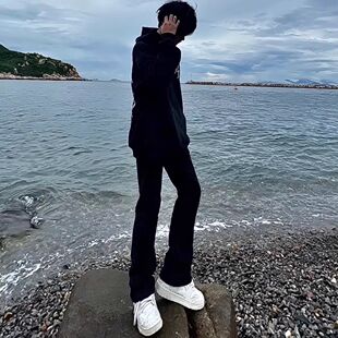 cleanfit黑色弯刀牛仔裤男款冬季中腰水洗裤子嘻哈修身直筒微喇裤