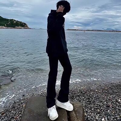 cleanfit黑色弯刀牛仔裤男款冬季中腰水洗裤子嘻哈修身直筒微喇裤