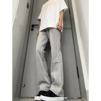 烟灰色美式cleanfit牛仔裤男款直筒高个子加长裤子修身弯刀微喇裤