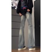 男款 美式 高街vibe风裤 cleanfit复古蓝牛仔裤 子水洗直筒弯刀微喇裤