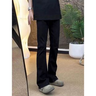 黑色中腰微喇牛仔裤男款美式高街vibe皮带款裤子高个子窄版弯刀裤