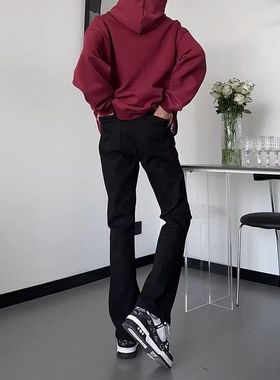 黑色微喇修身牛仔裤男款秋冬美式百搭ibe风裤子显瘦直筒弯刀长裤