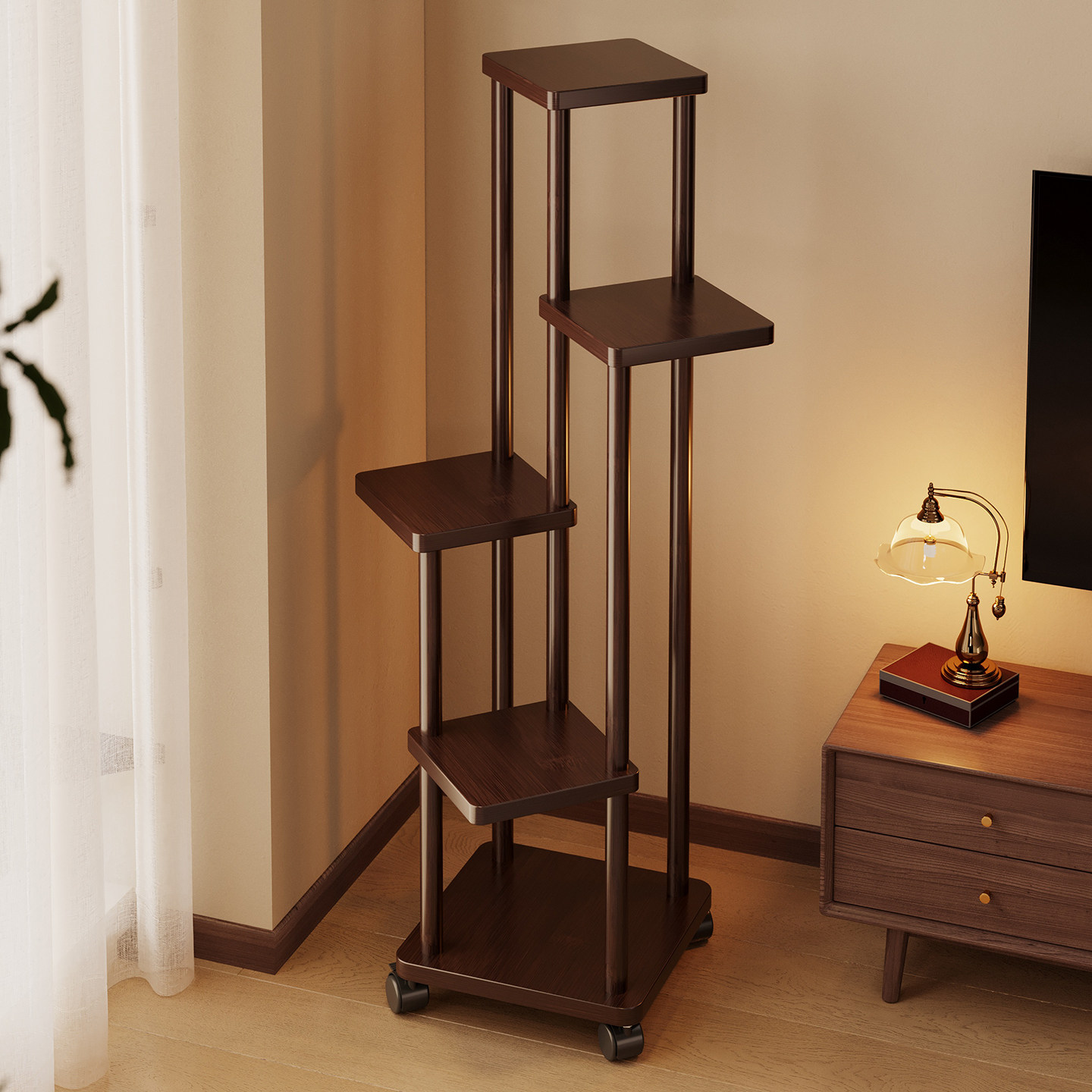 花架子客厅落地式可移动带轮中式花台多层花盆托架阳台放架置物架