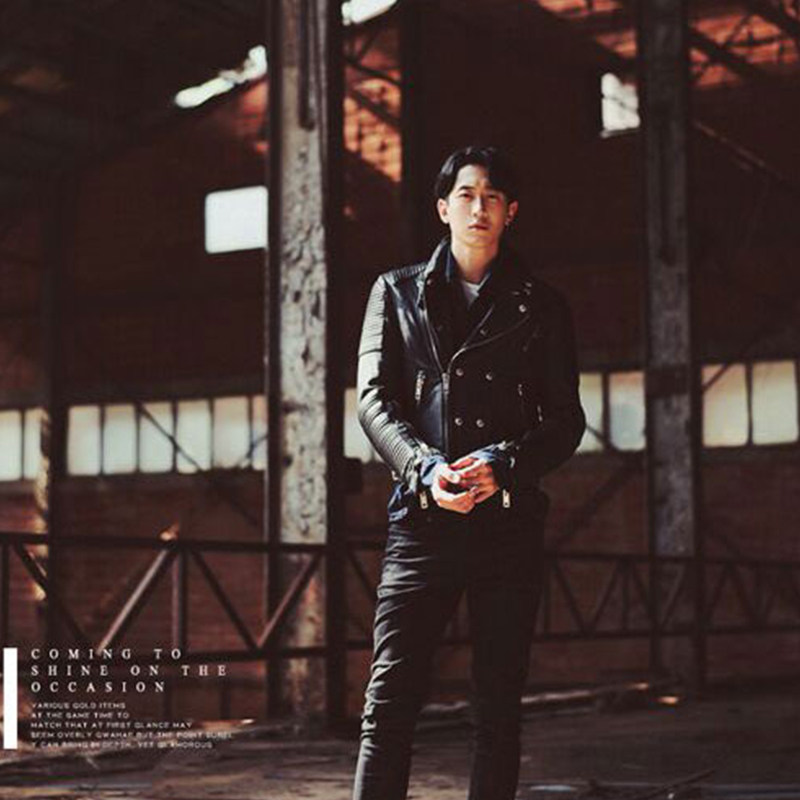 韩国品牌chris wang春秋季男士短款潮流翻领皮夹克休闲修身皮衣