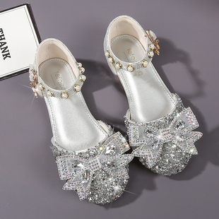 2025新款 演出鞋 银色软底儿童水晶鞋 包头水钻女童鞋 夏季 女童公主鞋