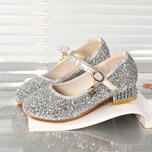 女童高跟鞋2025儿童水晶鞋中大童单鞋银色走秀公主鞋演出亮面皮鞋