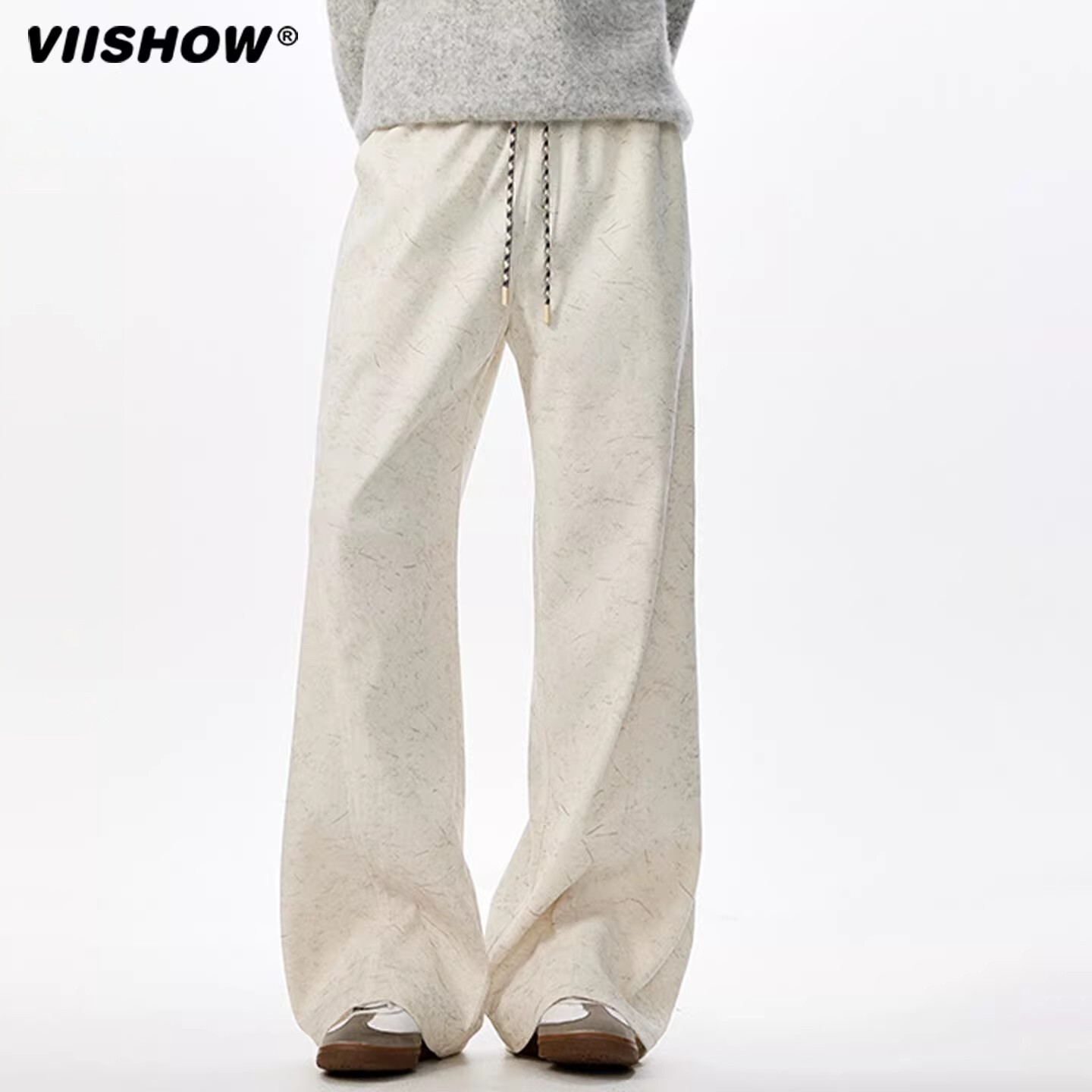 VIISHOW美拉德复古暗纹斜切卫裤男秋季美式高街微喇裤直筒休闲裤