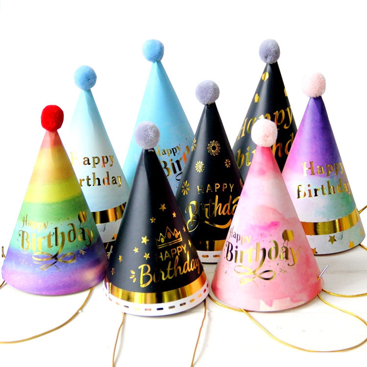 毛球烫金生日帽彩色儿童成人派对