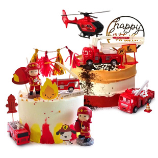 消防车消防员路标蛋糕装饰摆件 儿童生日烘焙装扮用品 直升机云梯