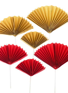 金色折扇烘焙插牌 中国风大红色扇子生日蛋糕装饰插件 甜品台布置