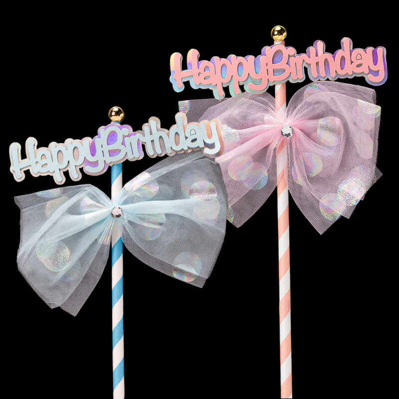 网纱蝴蝶结女孩生日快乐蛋糕装饰