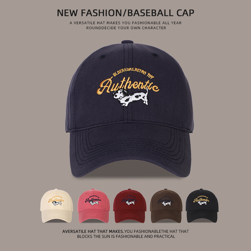 复古卡通刺绣遮阳棒球帽子女深顶宽檐大头围显脸小日系软顶鸭舌帽