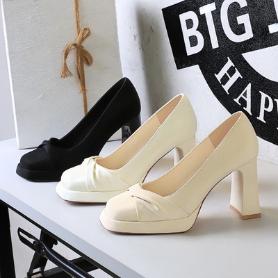 防水台蝴蝶结高跟鞋女通勤OL粗跟