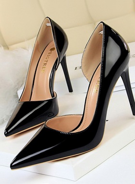 韩版银色超浅口高跟鞋女10cm细跟尖头 黑色职业漆皮大码女鞋40-43