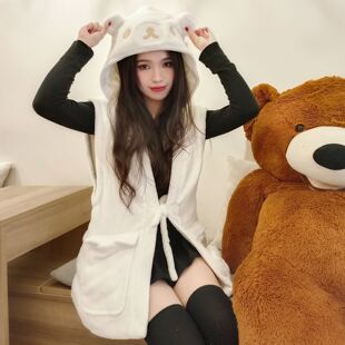 出口日本轻松熊松弛熊RILAKKUMA珊瑚绒连帽保暖家居服睡衣萌马甲