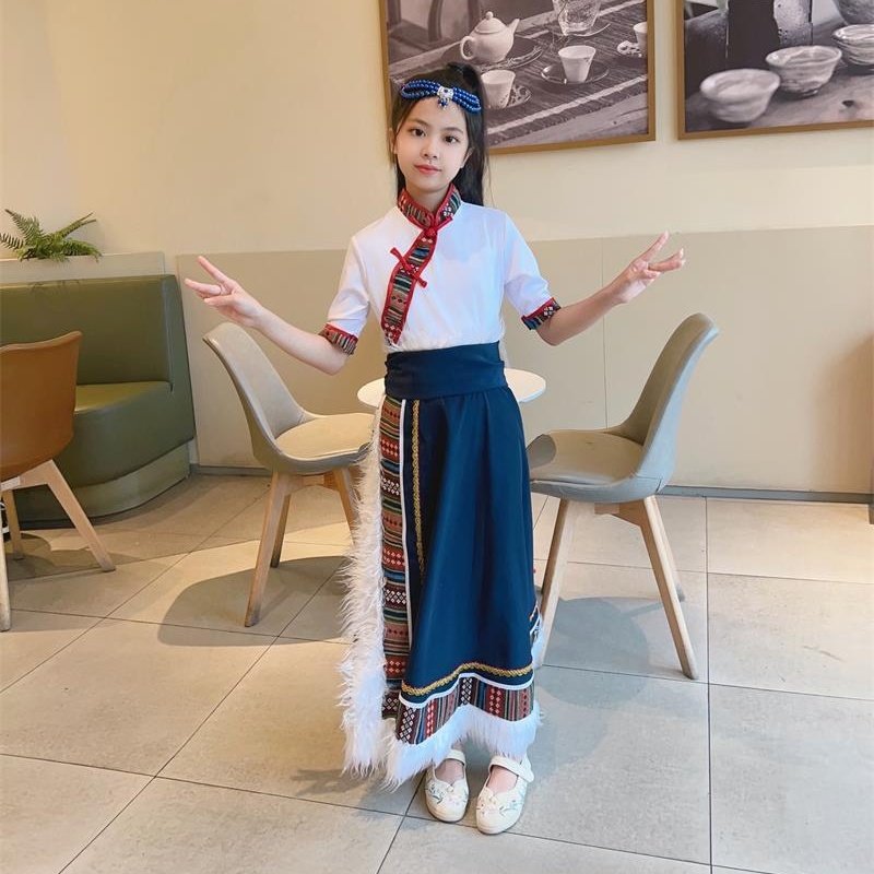 国庆演出儿童藏族练习裙表演服半身裙女童演出服民族舞蹈大摆裙