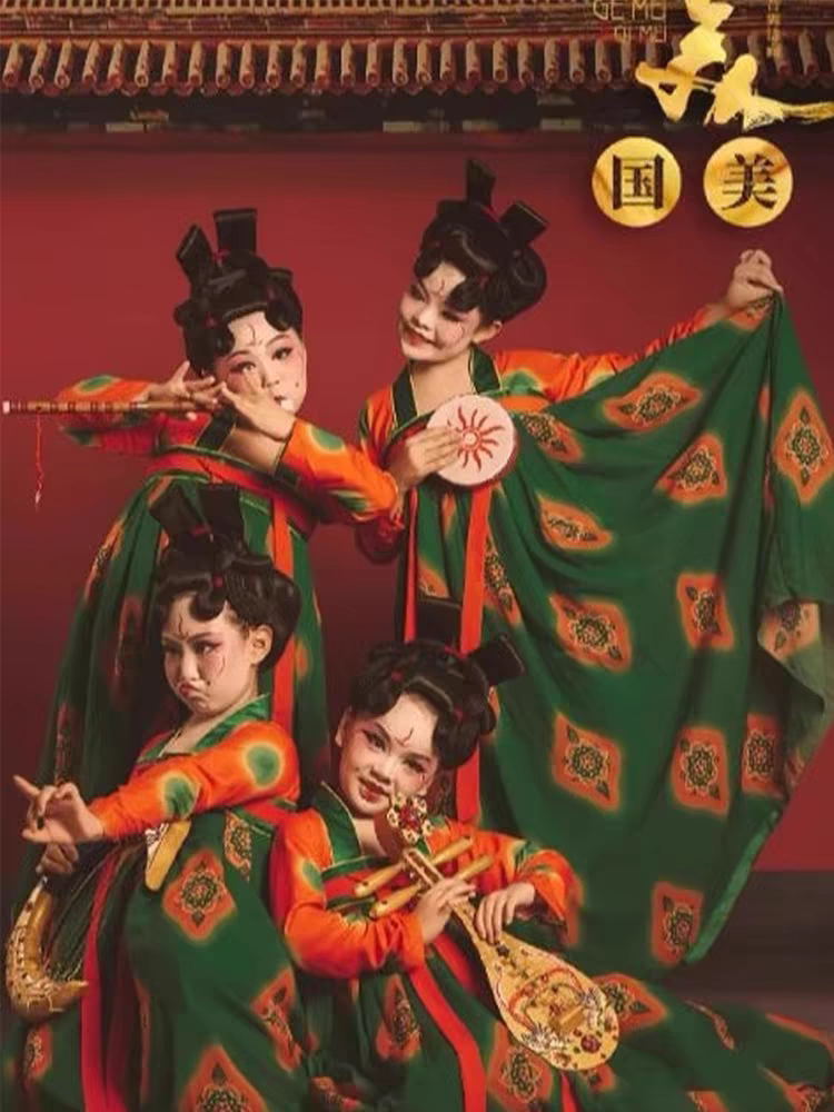 新款唐宫夜宴儿童演出服敦煌荷花奖汉服襦裙小唐佣执镜佣蹈服同款