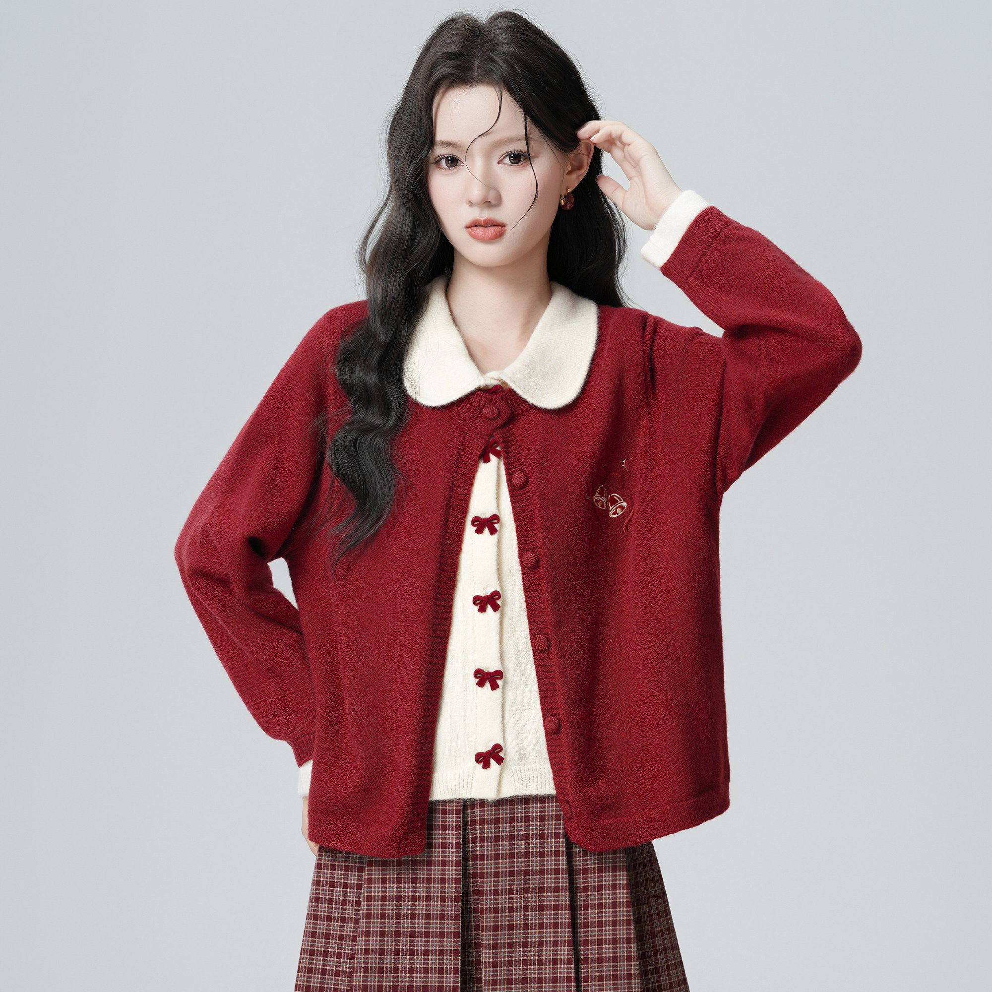 新年红色假两件翻领毛衣外套女2025秋冬新款蝴蝶结针织开衫短上衣,女装/女士精品,毛针织衫,淘宝优惠券,粉丝福利购,淘宝优惠卷