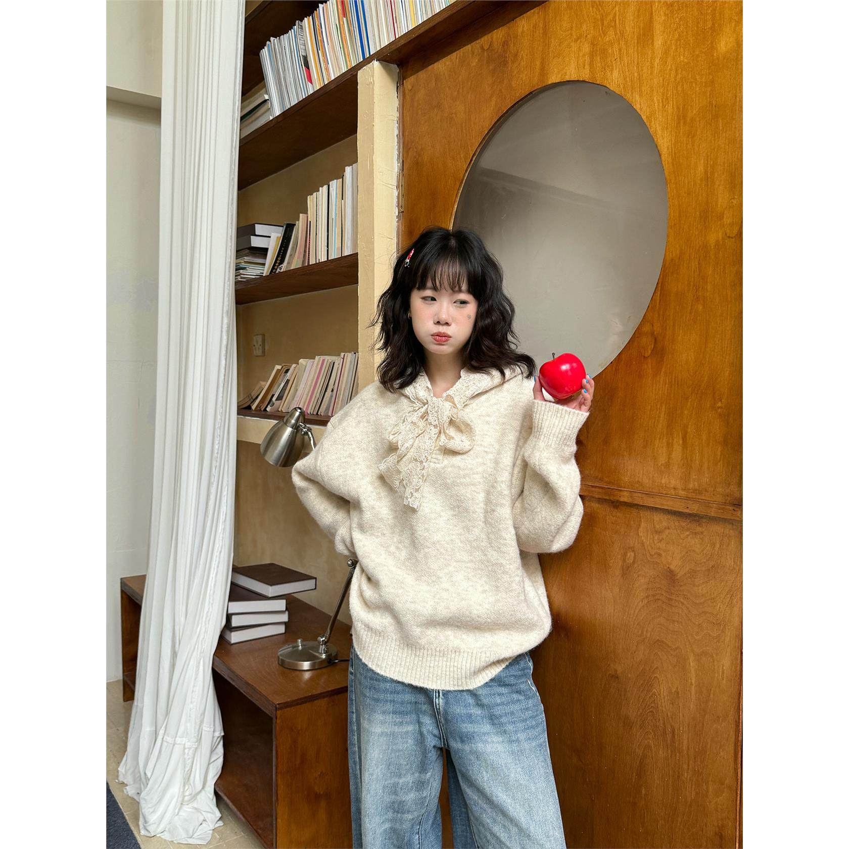 FAN 蕾丝拼接系带蝴蝶结连帽针织衫毛衣女秋季新款小众设计感上衣,个性定制/设计服务/DIY,棉服工装,淘宝优惠券,粉丝福利购,淘宝优惠卷