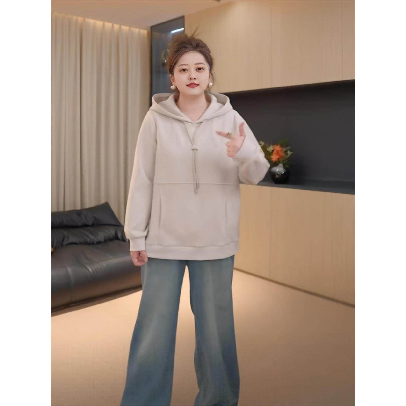 佳佳大码女装加绒纯色连帽正肩卫衣女秋冬胖mm巨百搭显瘦遮肉上衣,女装/女士精品,卫衣/绒衫,淘宝优惠券,粉丝福利购,淘宝优惠卷