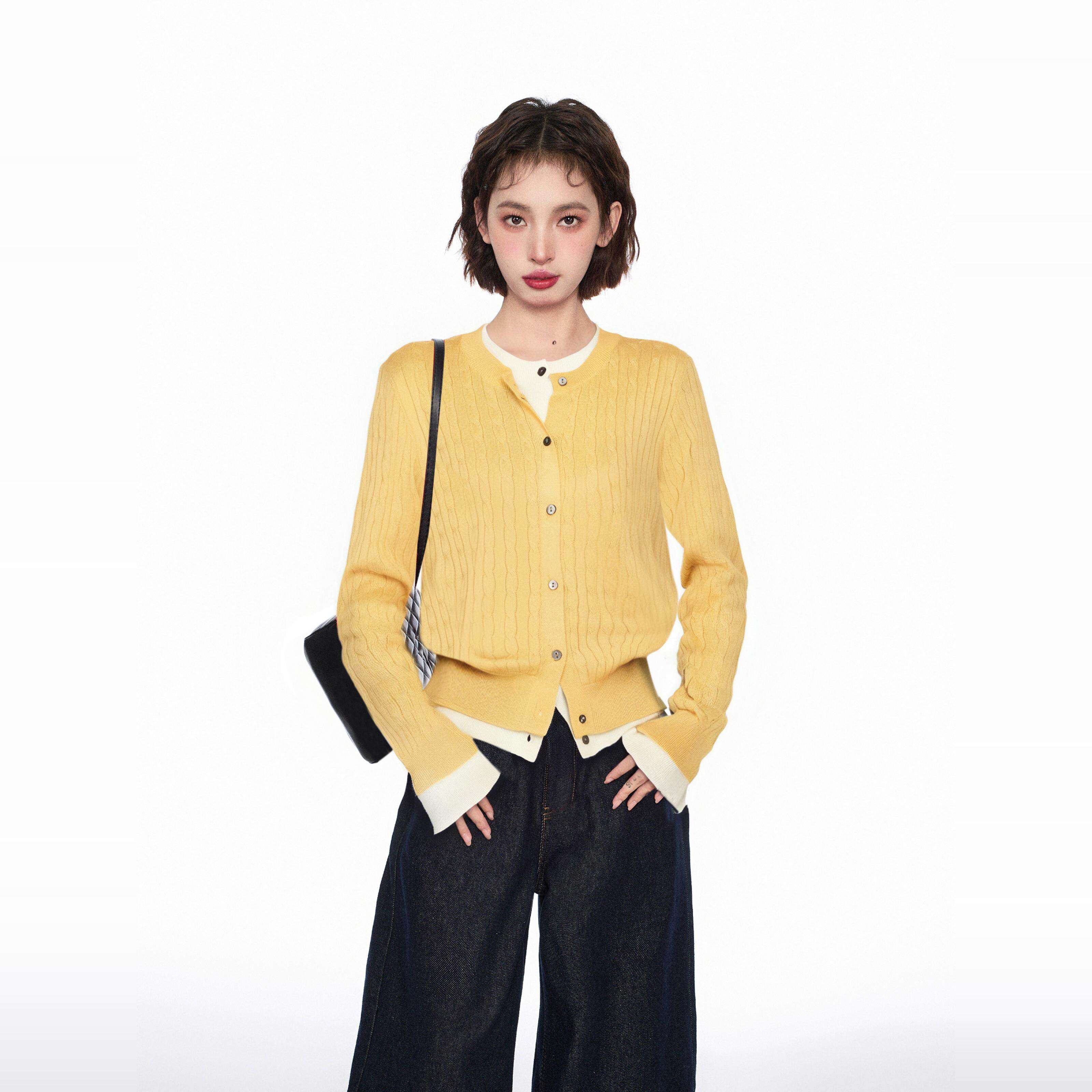 黄色假两件针织开衫女春秋冬季正肩短款内搭打底毛衣外套长袖上衣,个性定制/设计服务/DIY,棉服工装,淘宝优惠券,粉丝福利购,淘宝优惠卷