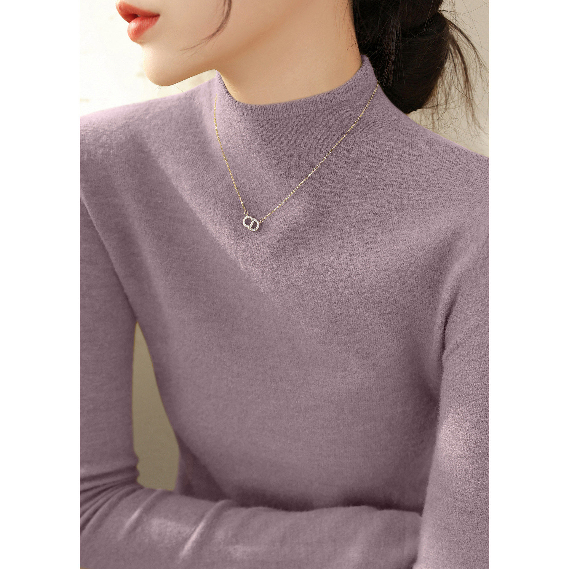 浅紫色半高领针织打底衫女秋冬内搭可外穿毛衣高级感修身长袖上衣,个性定制/设计服务/DIY,棉服工装,淘宝优惠券,粉丝福利购,淘宝优惠卷