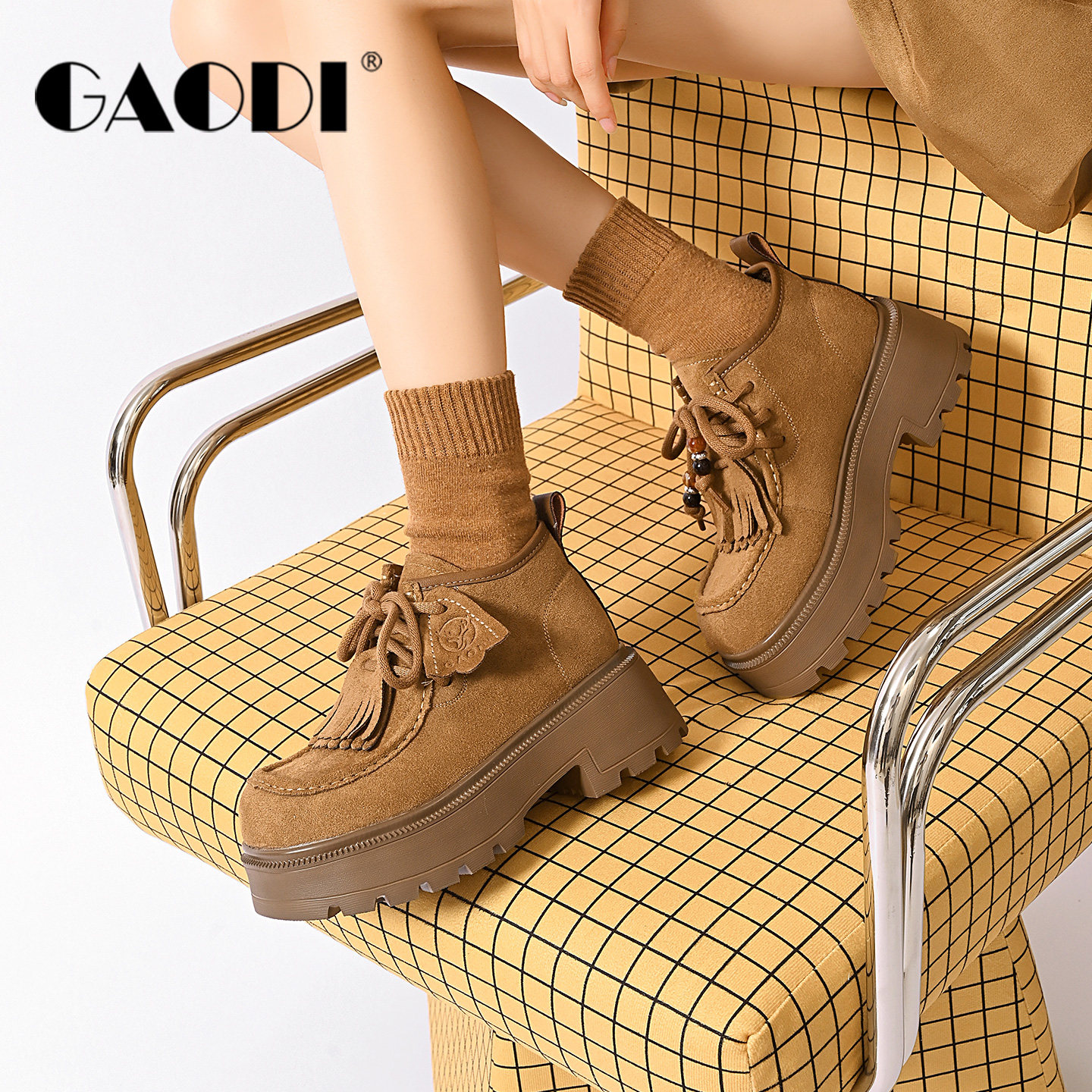 高蒂复古英伦风流苏乐福鞋女2025年新款休闲厚底系带袋鼠鞋单鞋女,女鞋,牛津鞋/布洛克鞋/德比鞋,淘宝优惠券,粉丝福利购,淘宝优惠卷