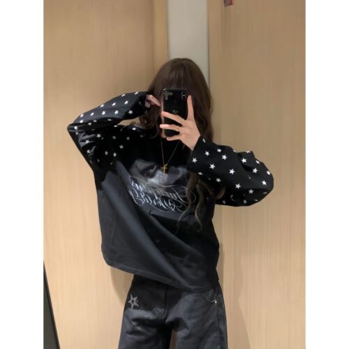 美式街头Y2K星际印花长袖T恤男