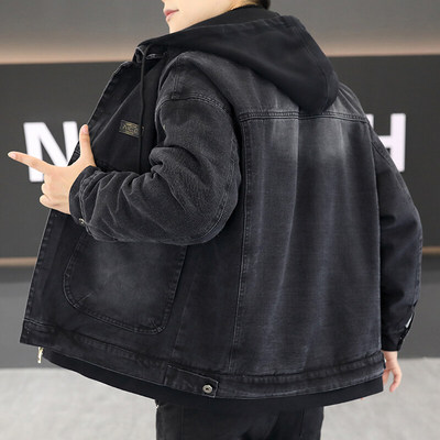 牛仔派克服男士春秋冬季外套潮牌连帽棉衣夹克加绒加厚棉服棉袄子