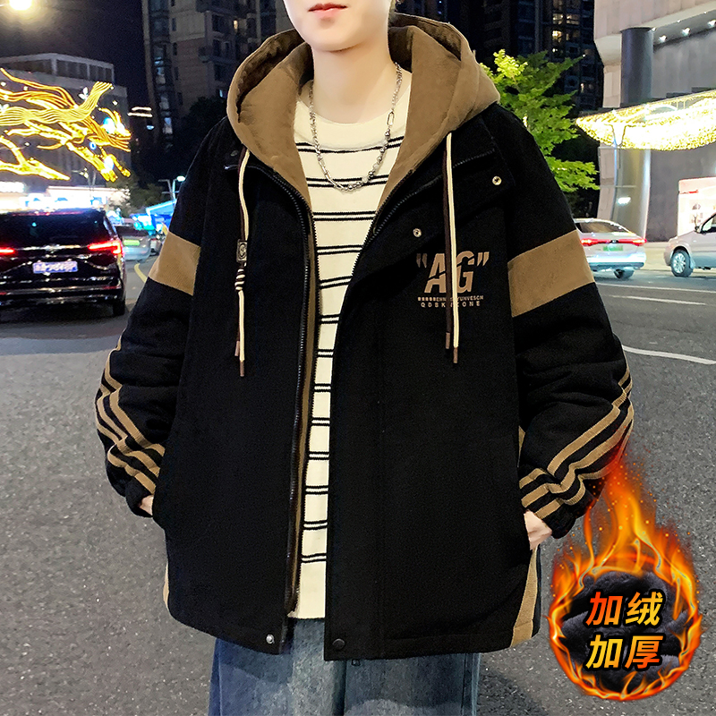 加绒外套男秋冬2024新款潮牌加厚假两件连帽夹克男生冬装潮流棉衣