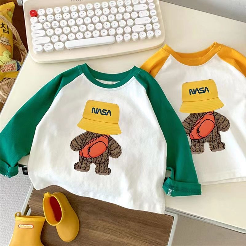 100%纯棉女童春装2025新款儿童插肩长袖t恤男童秋装宝宝拼接上衣