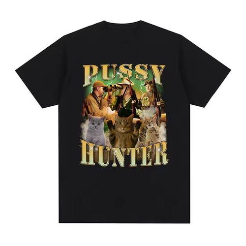 Pussy Hunter Funny Meme Cat 创意搞笑猫咪图案短袖T恤男女上衣