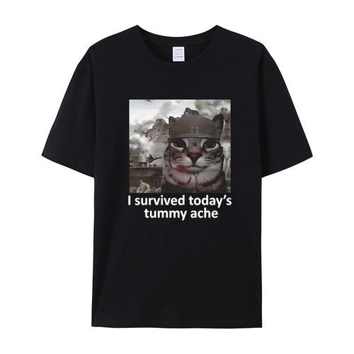 I Survived Today's Tummy Ache短袖T恤男女搞笑猫梗夏季纯棉上衣