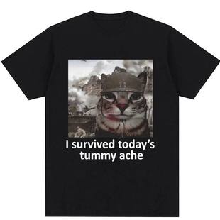 I Survived Today's Tummy Ache TShirt趣味搞笑卡通猫咪短袖T恤