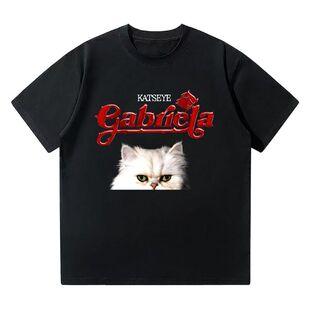 Katseye Gabriela欧美时尚趣味创意猫图案印花休闲圆领短袖T恤男