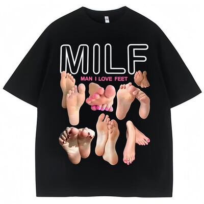 MILF Man I Love Feet 欧美搞笑脚丫子图案纯棉圆领潮流短袖T恤男