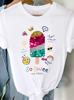 Icecream Tshirt 新款夏季冰淇淋印花T恤女小众风简约百搭上衣服