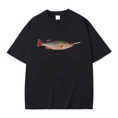 Fish Smoking欧美搞笑抽烟的鱼趣味图案休闲大码纯棉短袖T恤男女