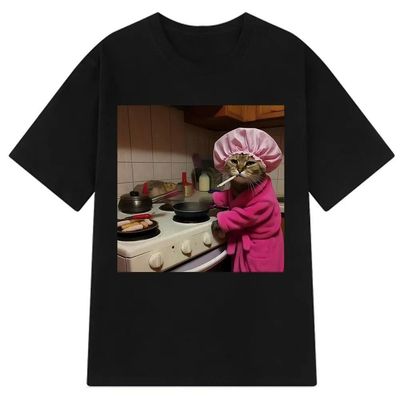 Housewife Cat欧美搞笑趣味做饭的厨师猫潮流大码短袖T恤男女上衣