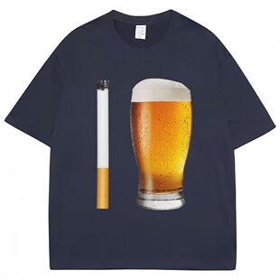 Cigarette and Beer 欧美趣味笑话啤酒组合大码纯棉短袖T恤男女