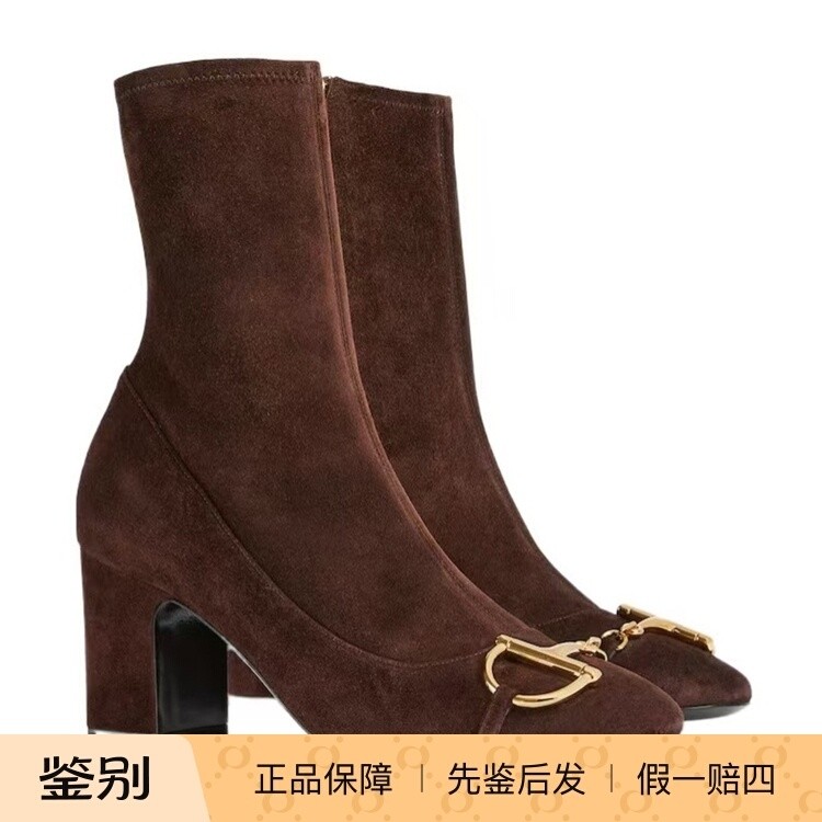 古驰咖色女士半马衔扣短筒靴