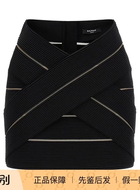 balmain巴尔曼 26春夏黑色女V型腰半身裙正品代购GF0LBB48KJ750PA