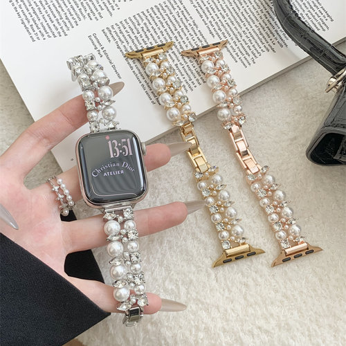 适用于苹果手表表带iwatch10代双排珍珠镶钻s9金属apple watchs11
