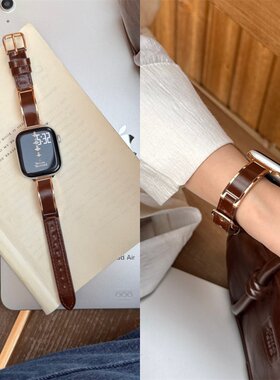 适用苹果applewatch11代女表带s10 42mm弯片金属贴皮华为fit5红米