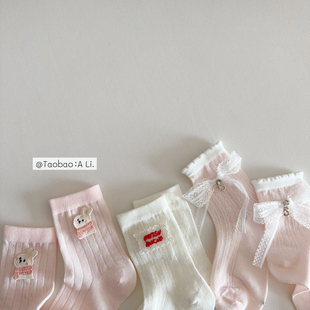 儿童公主袜女童粉色刺绣小兔蕾丝蝴蝶结薄袜子配裙子中筒袜洛丽塔